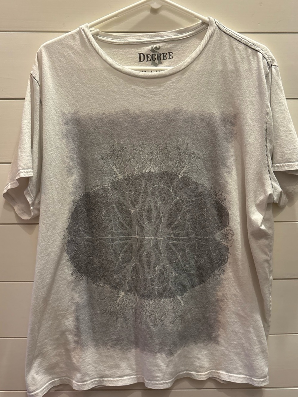 Decree White Tee with Gray Tree/Roots Brain Print Distressed Y2K Emo Affliction